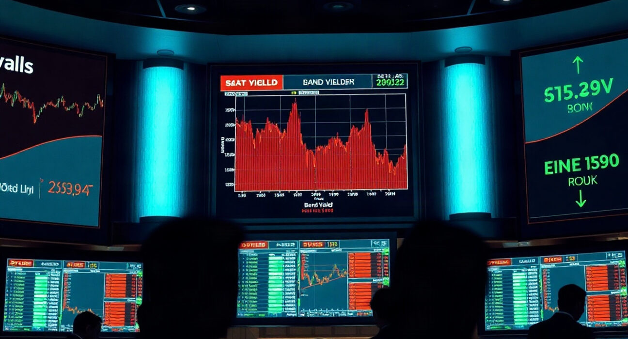Trading floor screens showing bond yield charts during a market selloff