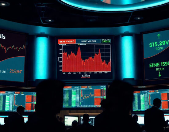 Trading floor screens showing bond yield charts during a market selloff
