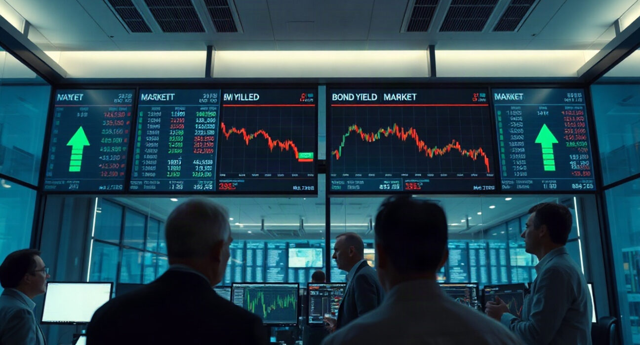 Trading floor screens showing bond yield charts amid global sell-off