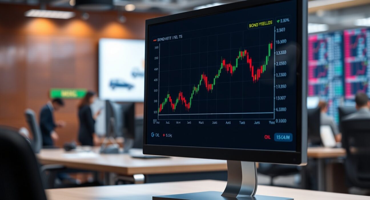 Financial market display showing rising bond yields and oil prices on a trading floor desk.