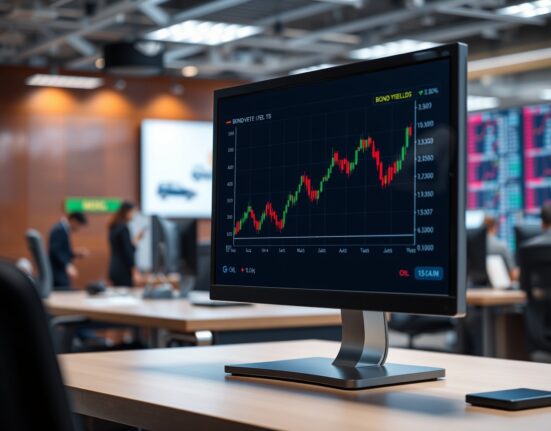 Financial market display showing rising bond yields and oil prices on a trading floor desk.