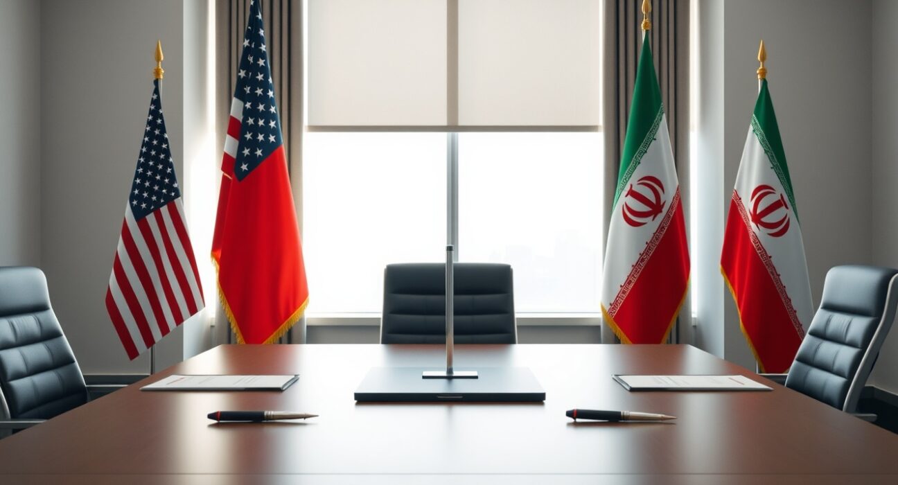 Diplomatic meeting room with American and Iranian flags symbolizing ceasefire negotiations