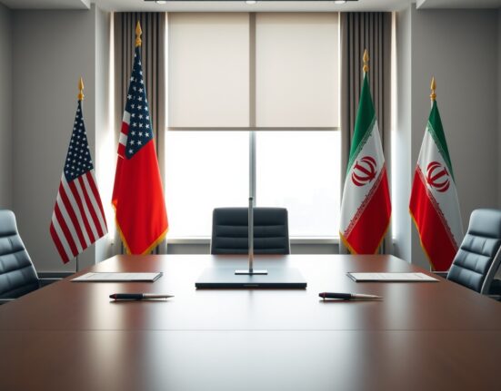 Diplomatic meeting room with American and Iranian flags symbolizing ceasefire negotiations