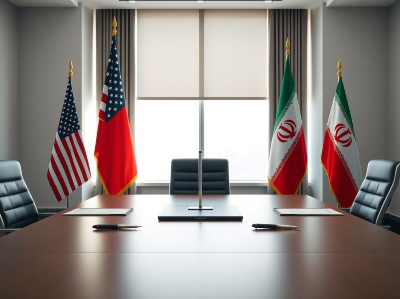Diplomatic meeting room with American and Iranian flags symbolizing ceasefire negotiations