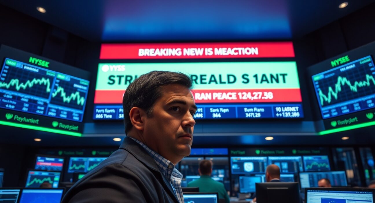 Trader observing falling bond yields on screens after U.S.-Iran peace deal announcement