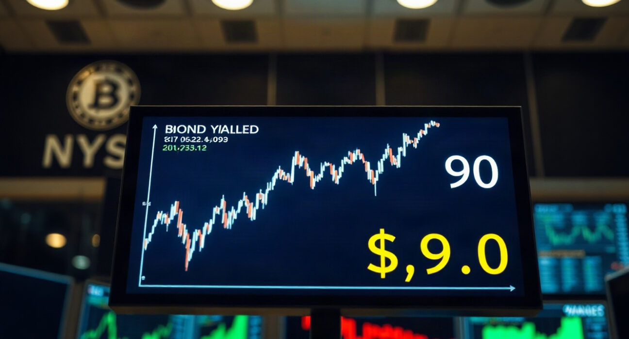Financial market screen showing rising bond yields and oil price above $90