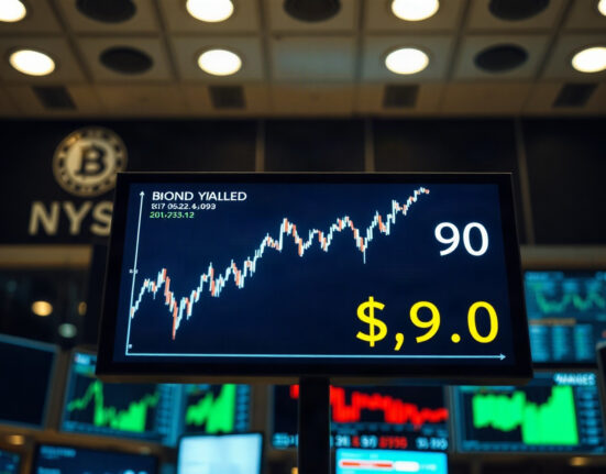 Financial market screen showing rising bond yields and oil price above $90