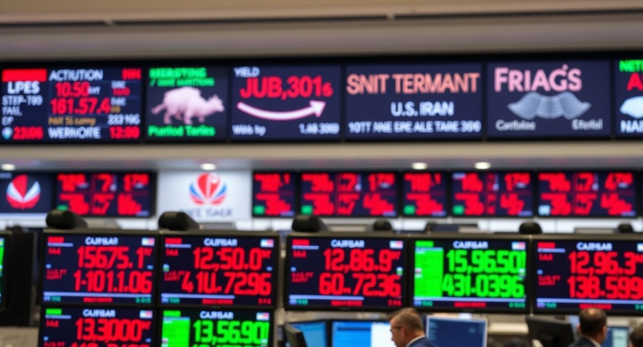 Electronic trading boards showing bond yield figures amid U.S.-Iran geopolitical tensions