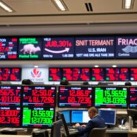 Electronic trading boards showing bond yield figures amid U.S.-Iran geopolitical tensions