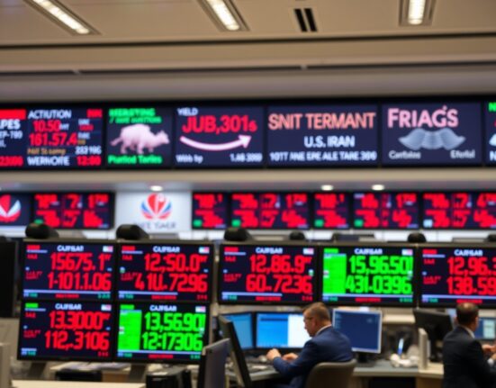 Electronic trading boards showing bond yield figures amid U.S.-Iran geopolitical tensions