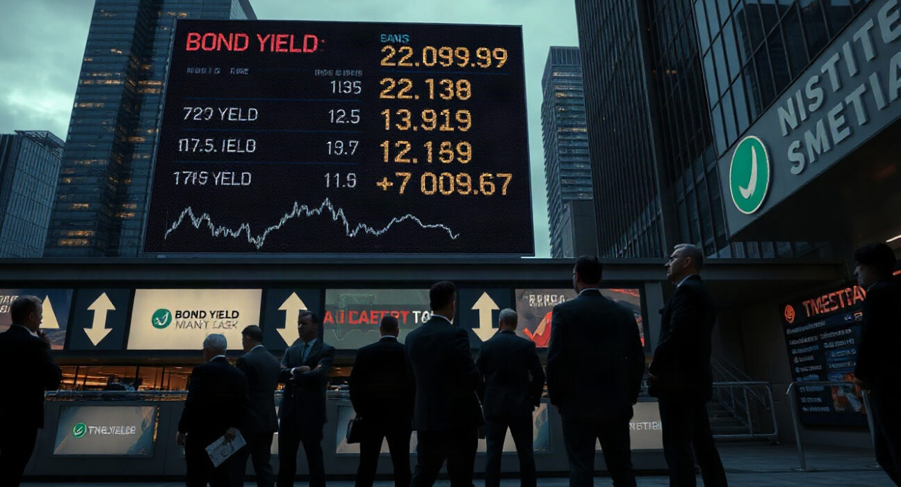 Global financial district with bond market screens showing declines as U.S. prepares financial offensive against Iran