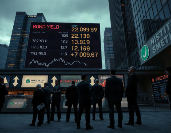 Global financial district with bond market screens showing declines as U.S. prepares financial offensive against Iran