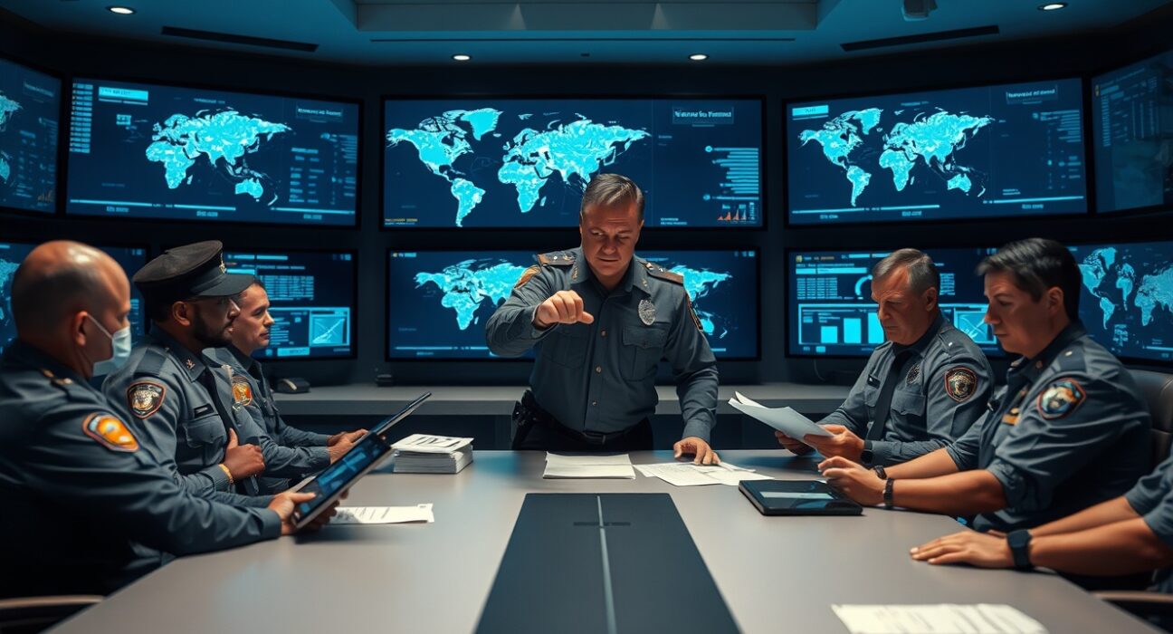 International law enforcement officers collaborating in a high-tech command center to investigate cryptocurrency fraud rings.
