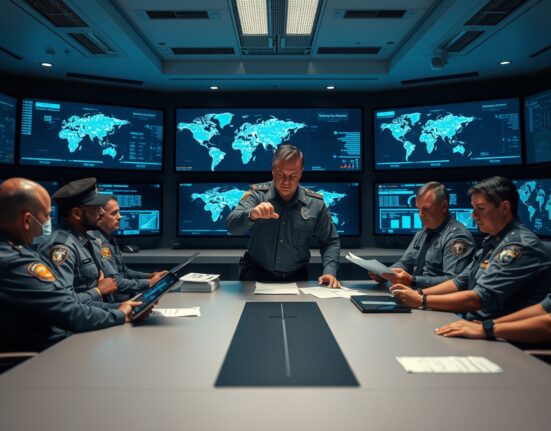 International law enforcement officers collaborating in a high-tech command center to investigate cryptocurrency fraud rings.