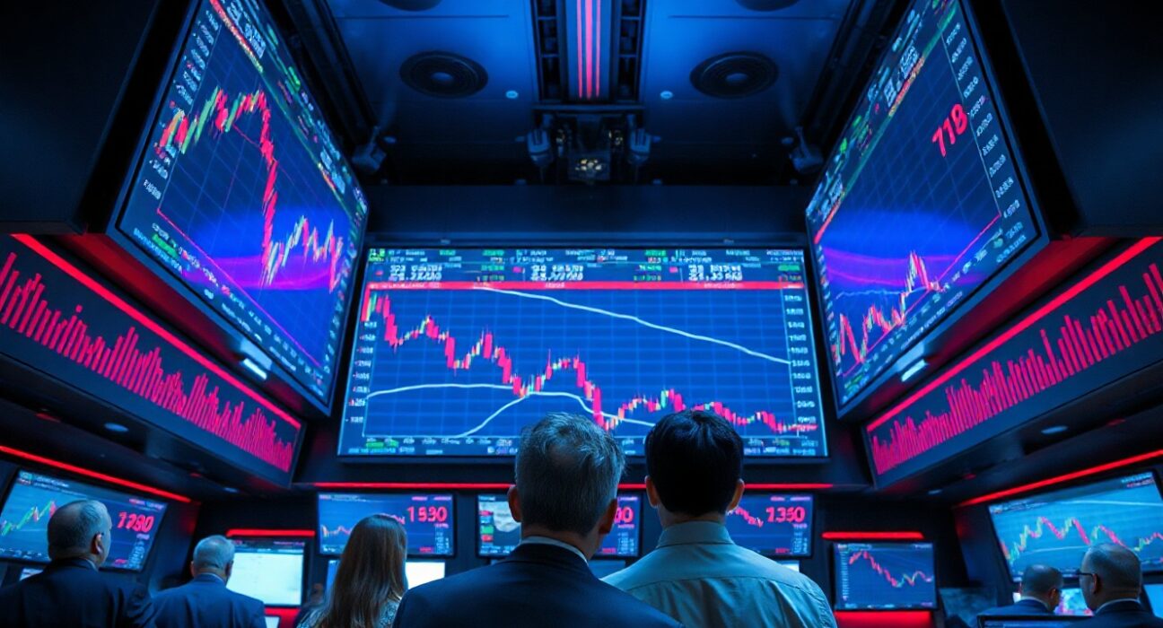 Traders monitoring a sharp decline on stock market screens amid AI-related selloff