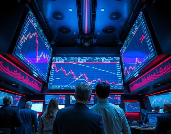 Traders monitoring a sharp decline on stock market screens amid AI-related selloff