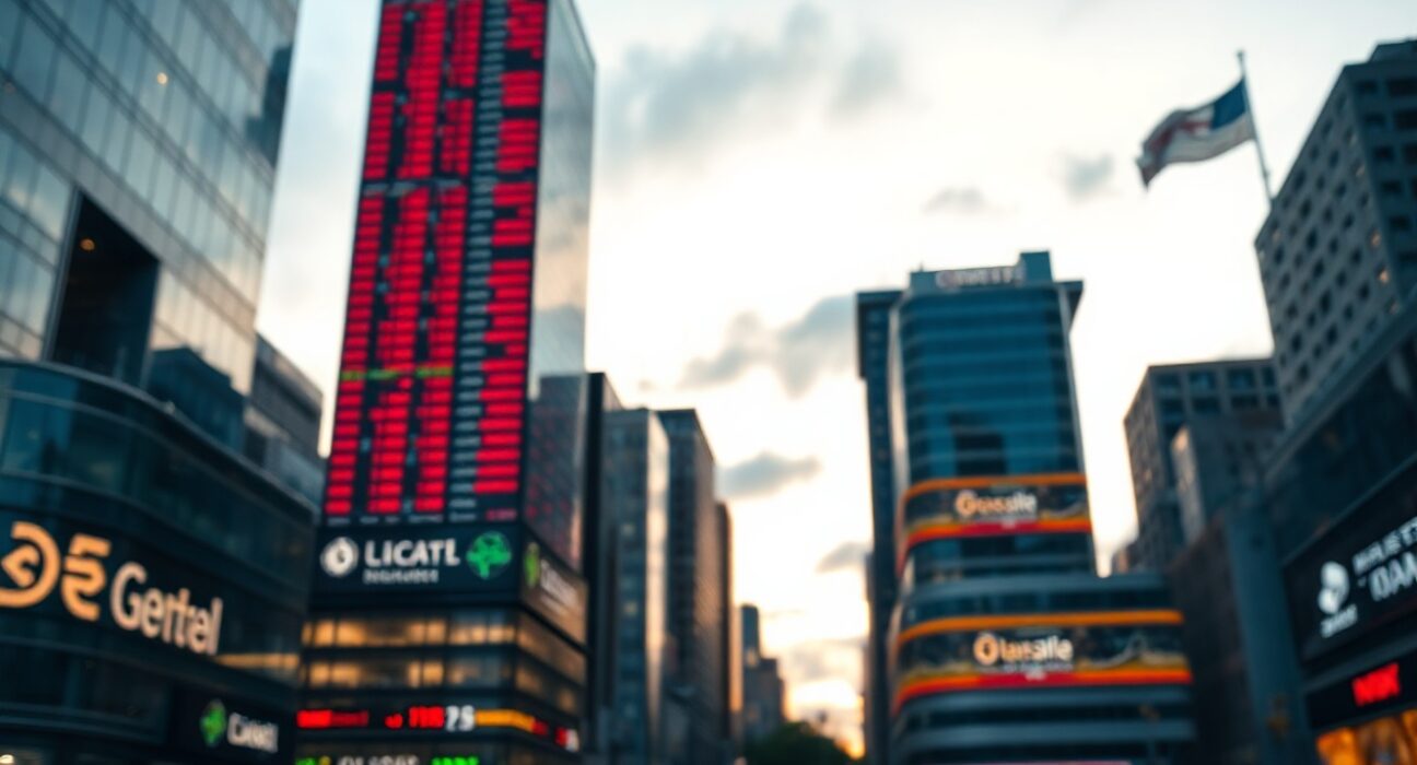 Stock market display board showing mixed regional performance in a financial district