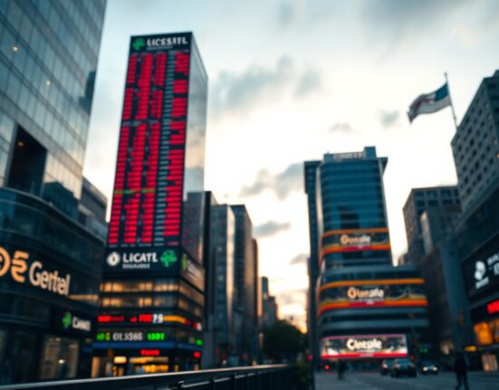 Stock market display board showing mixed regional performance in a financial district
