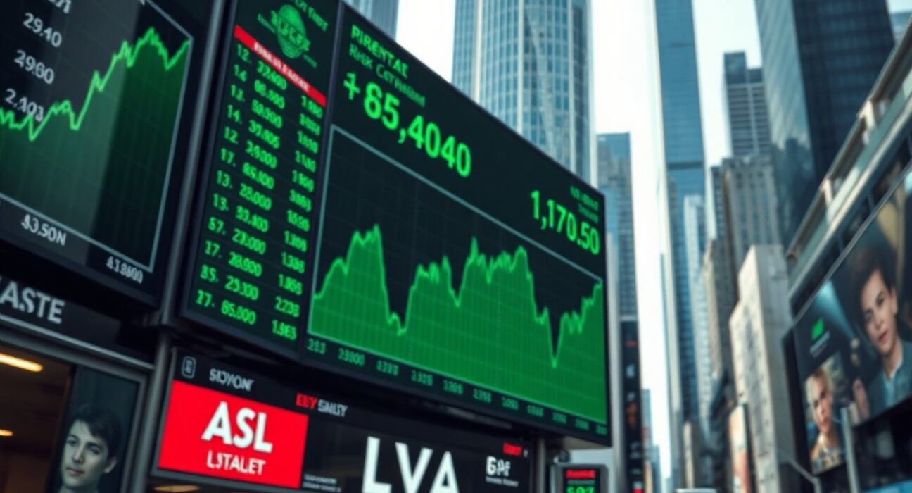 Stock market board showing upward trends in a financial district, reflecting global equity rally.