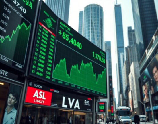 Stock market board showing upward trends in a financial district, reflecting global equity rally.