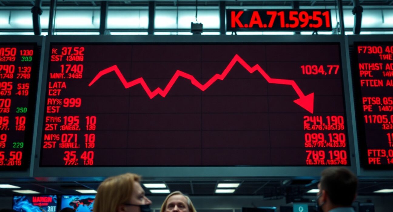 Stock market board showing red downward arrows amid a geopolitical shock reversal