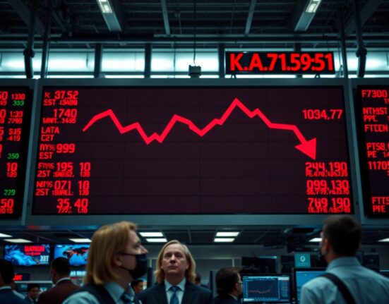 Stock market board showing red downward arrows amid a geopolitical shock reversal
