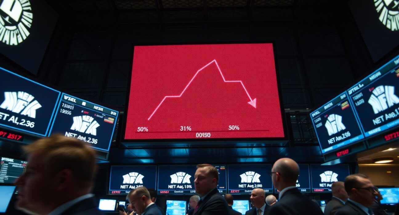 Stock market trading floor showing red electronic ticker with negative numbers during a sell-off driven by war concerns.