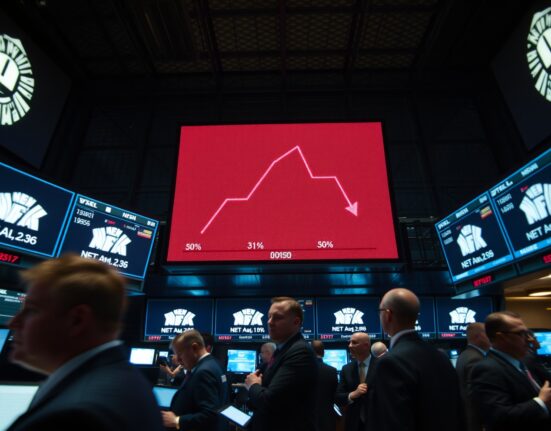 Stock market trading floor showing red electronic ticker with negative numbers during a sell-off driven by war concerns.