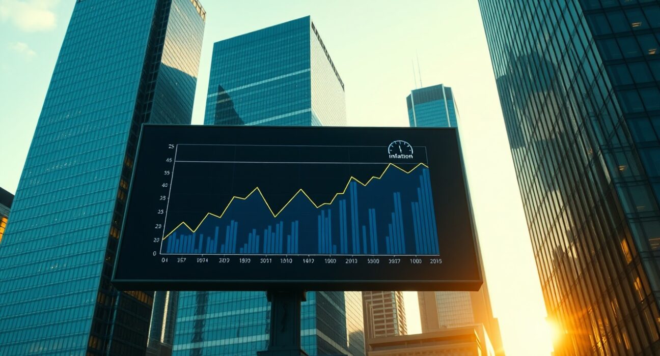 Financial district skyline at dawn with digital screen showing economic charts and inflation data