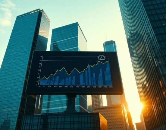 Financial district skyline at dawn with digital screen showing economic charts and inflation data