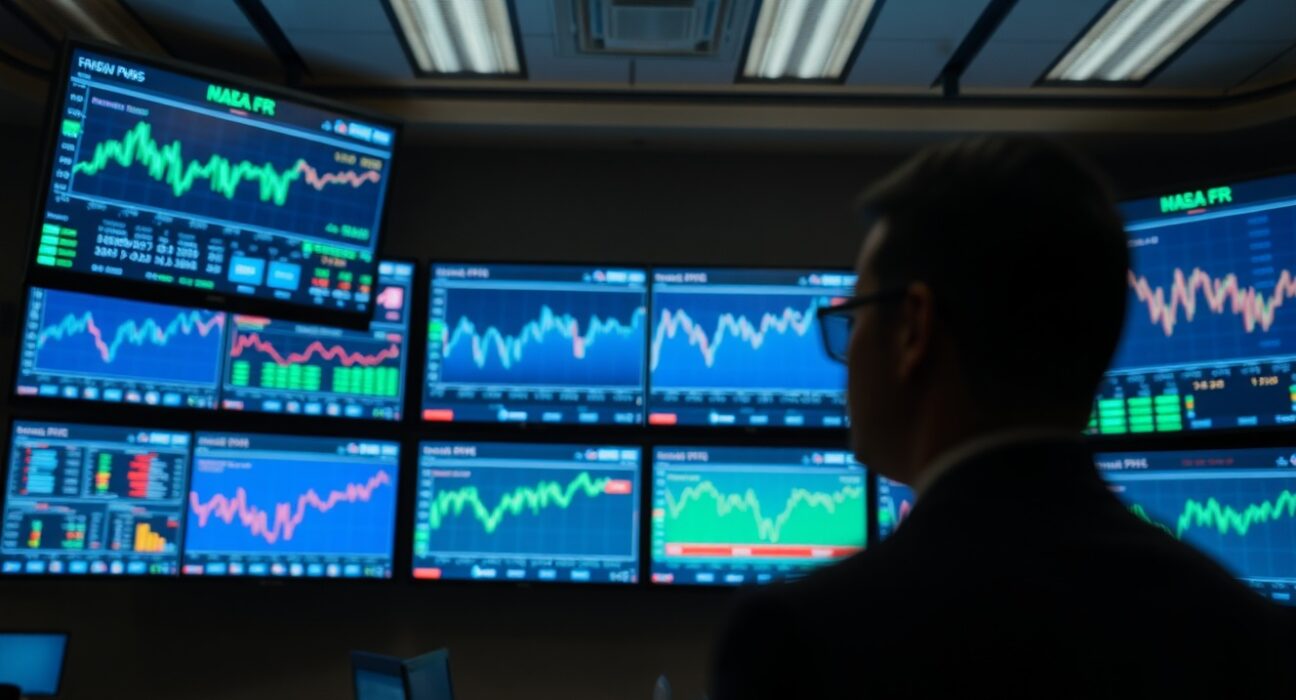Financial newsroom screens displaying economic data and charts ahead of central bank decisions