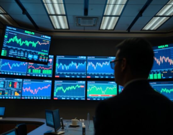 Financial newsroom screens displaying economic data and charts ahead of central bank decisions