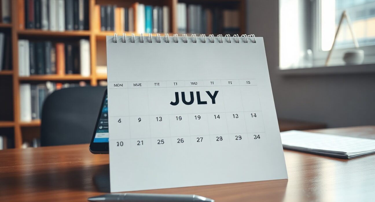 A financial calendar on a desk with a pen and smartphone, representing key global macro events for July.