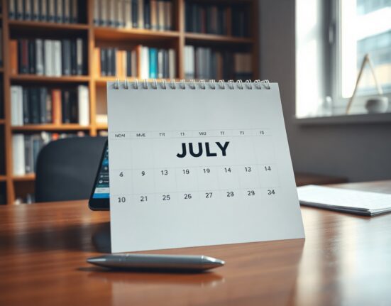 A financial calendar on a desk with a pen and smartphone, representing key global macro events for July.