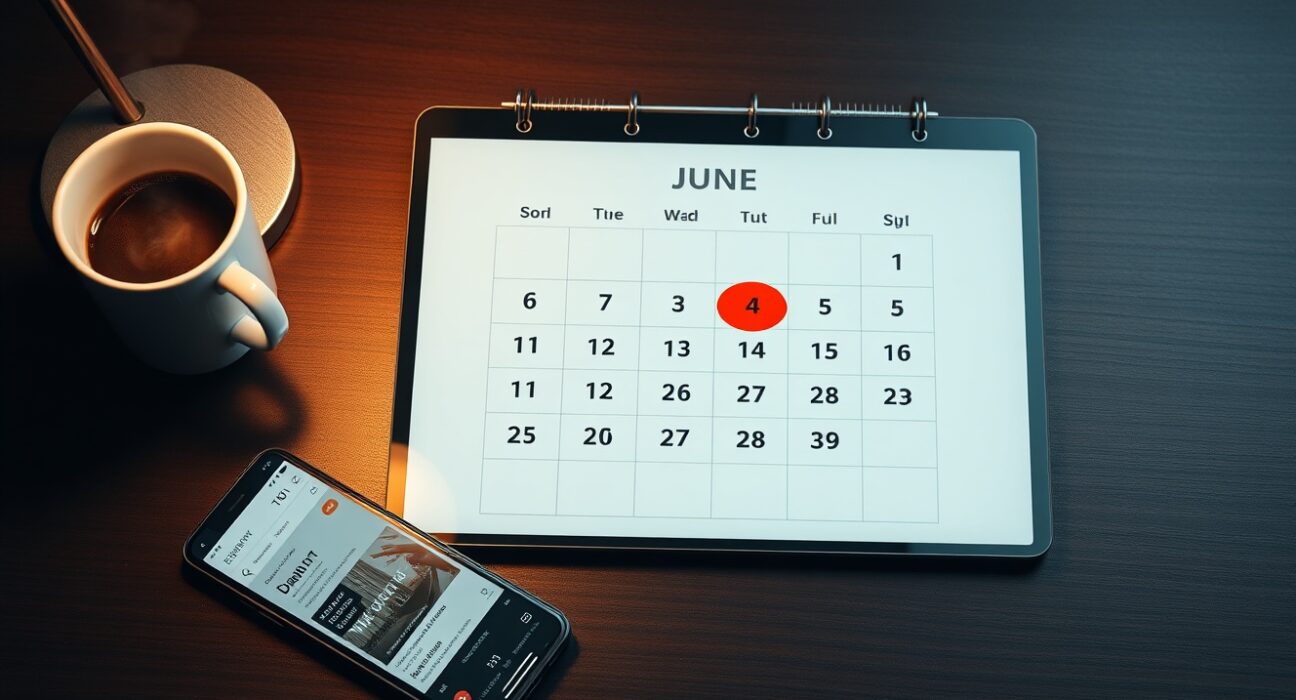 A calendar on a desk with June dates circled in red, next to a smartphone and coffee, representing key macro events.