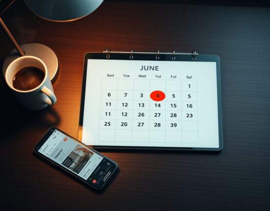 A calendar on a desk with June dates circled in red, next to a smartphone and coffee, representing key macro events.