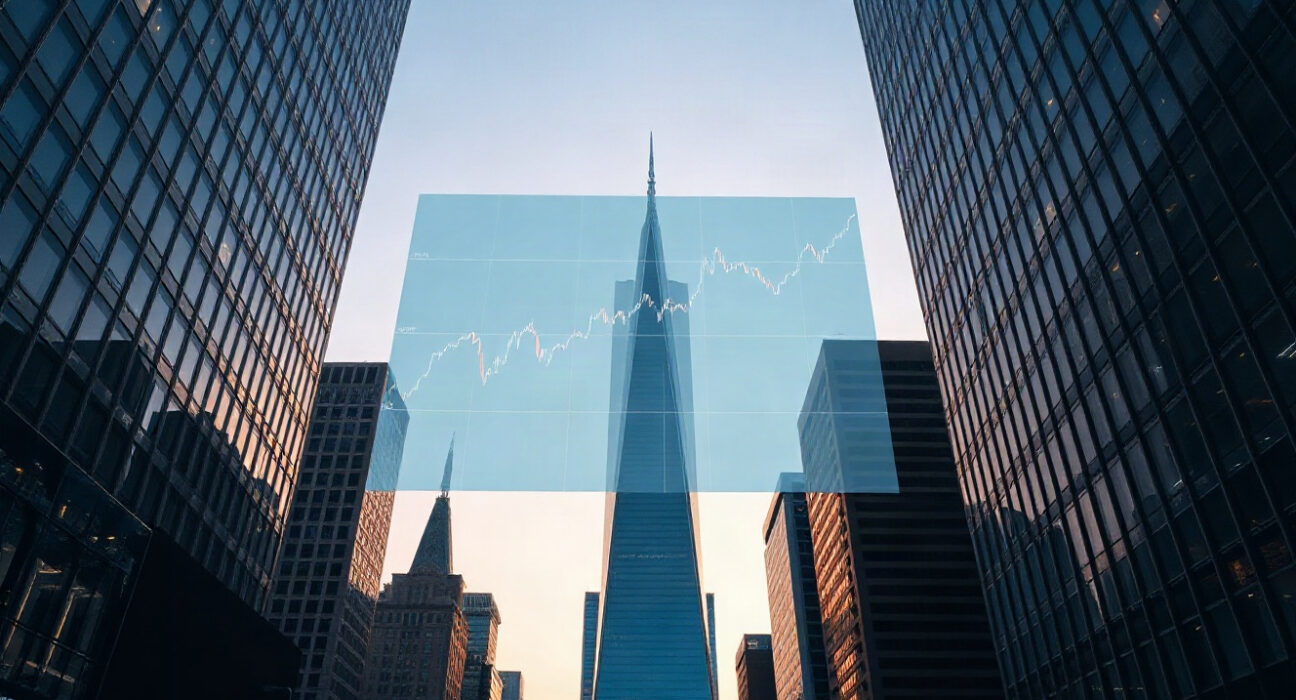 Financial district skyline with digital economic data screen at dusk
