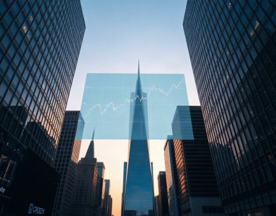 Financial district skyline with digital economic data screen at dusk