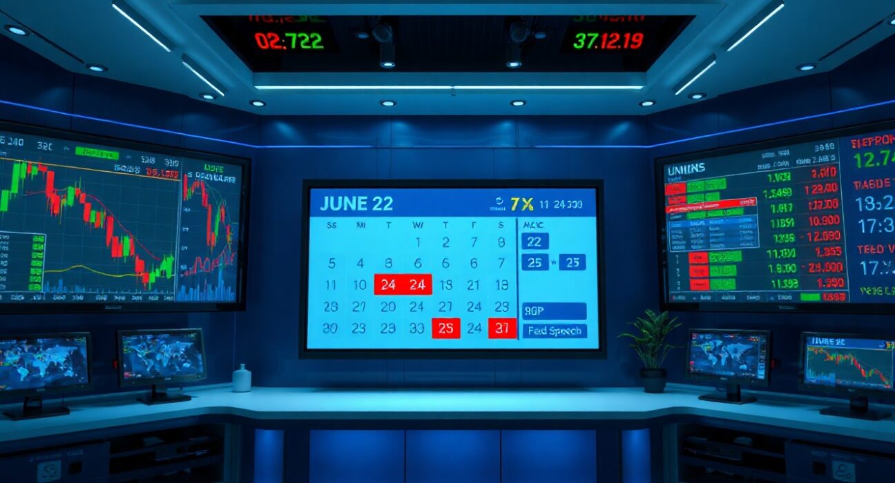 Financial news studio screens showing market data and economic calendar for June macro events