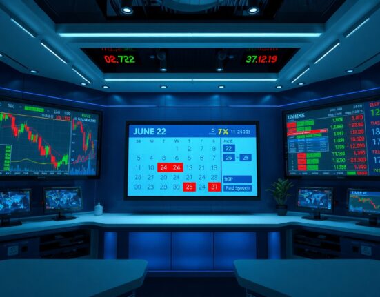 Financial news studio screens showing market data and economic calendar for June macro events