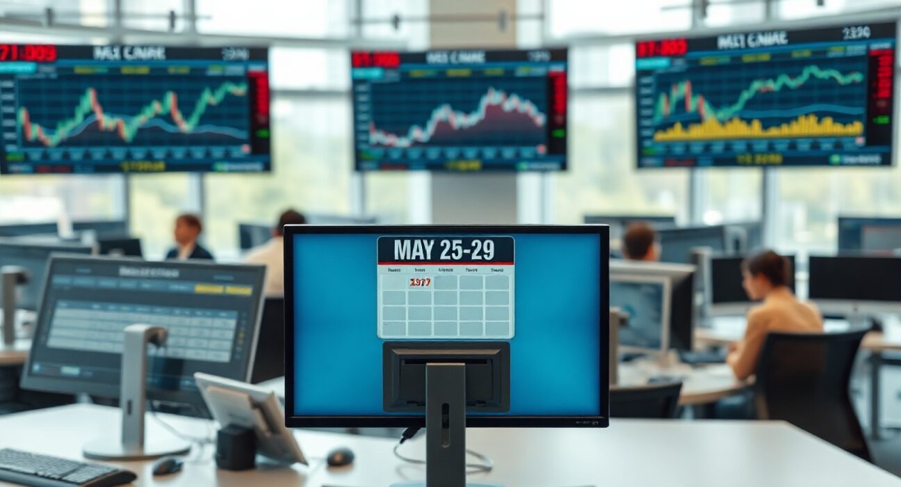 Financial newsroom monitors displaying economic data and calendar for late May events.