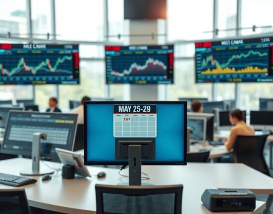 Financial newsroom monitors displaying economic data and calendar for late May events.