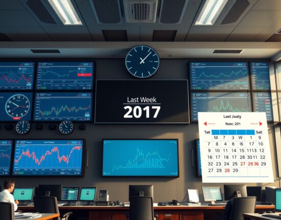 Financial newsroom with screens showing global economic data and a calendar for late July 2026