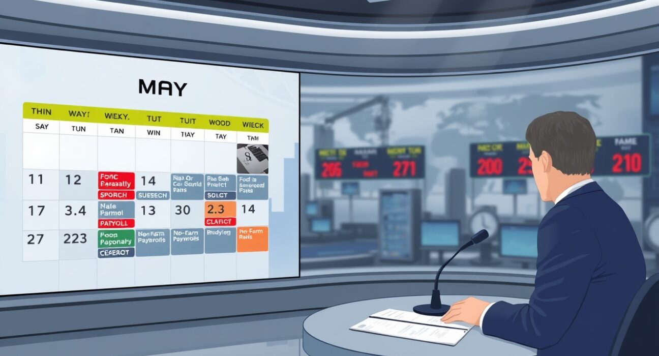 Global macro events for first week of May displayed on a financial news studio screen with a news anchor