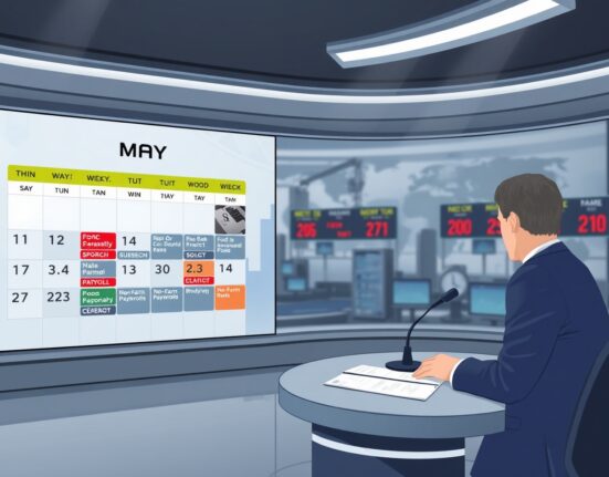 Global macro events for first week of May displayed on a financial news studio screen with a news anchor