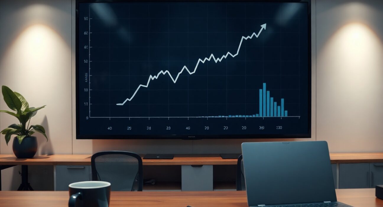 Financial newsroom screen showing economic data graphs and charts