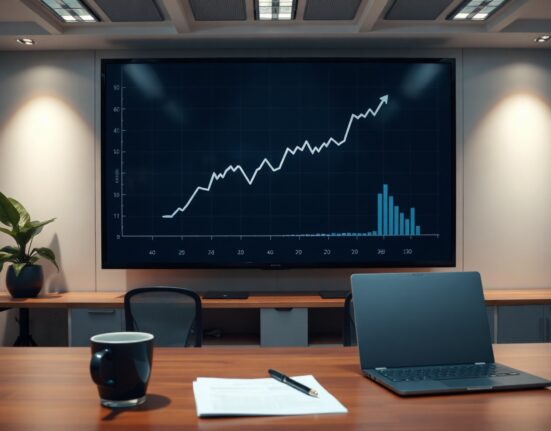 Financial newsroom screen showing economic data graphs and charts