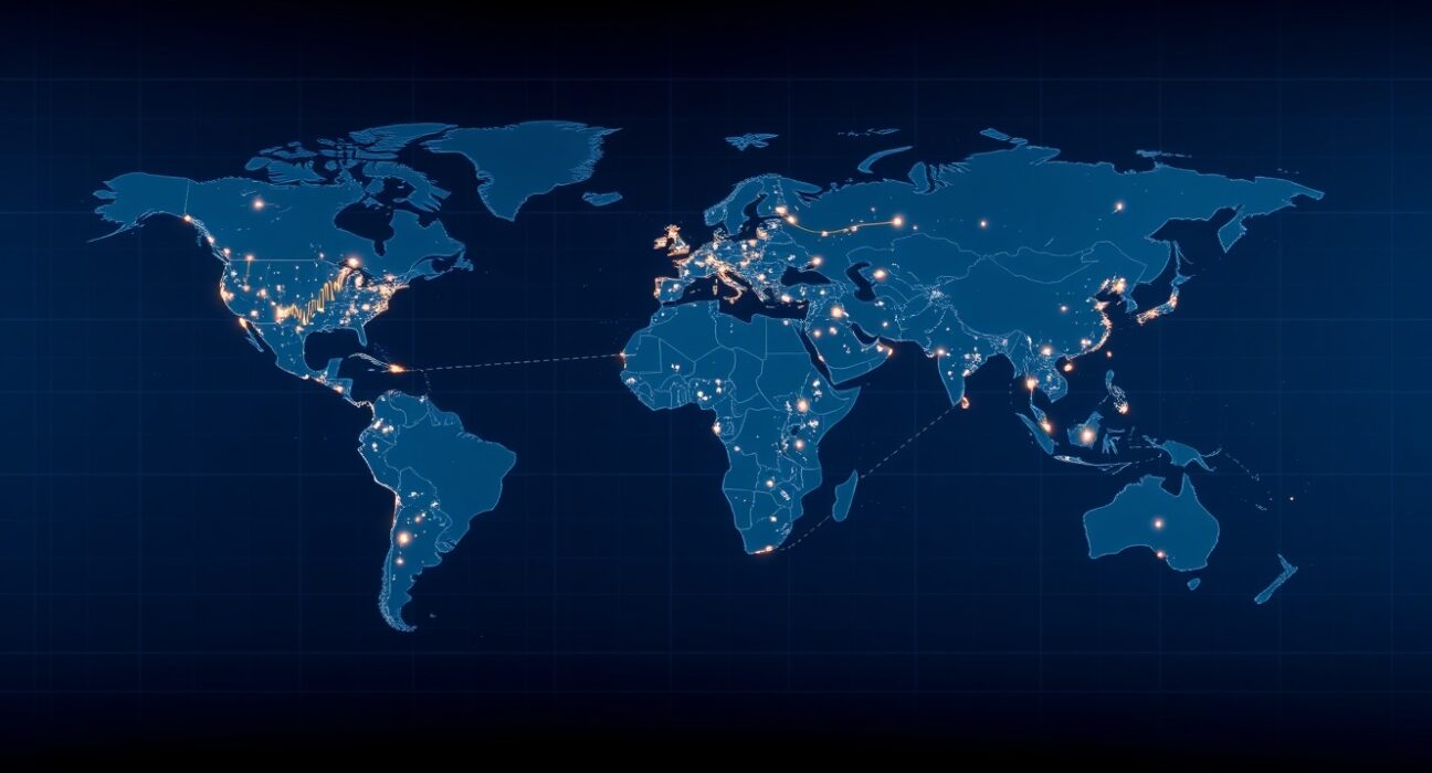 A world map with financial charts and data points representing key global macro events and central bank decisions.