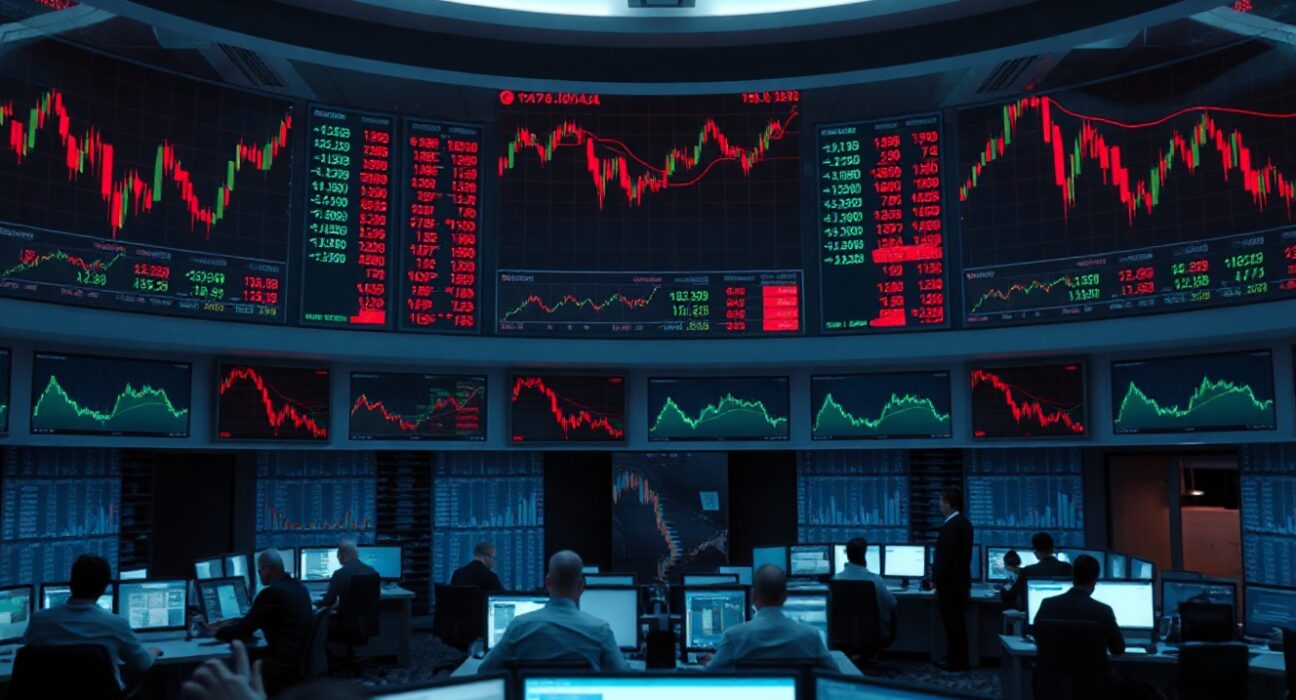 Financial trading floor screens showing global market data and economic indicators