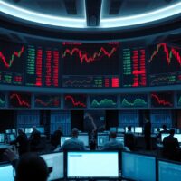 Financial trading floor screens showing global market data and economic indicators